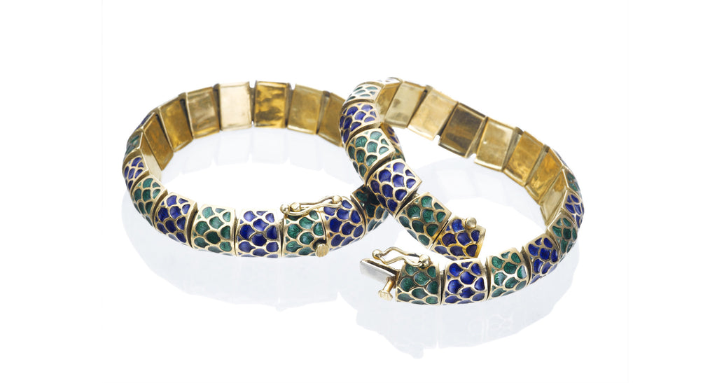 1970's Blue-Green Enamel & Gold Bracelets (Set of 2)