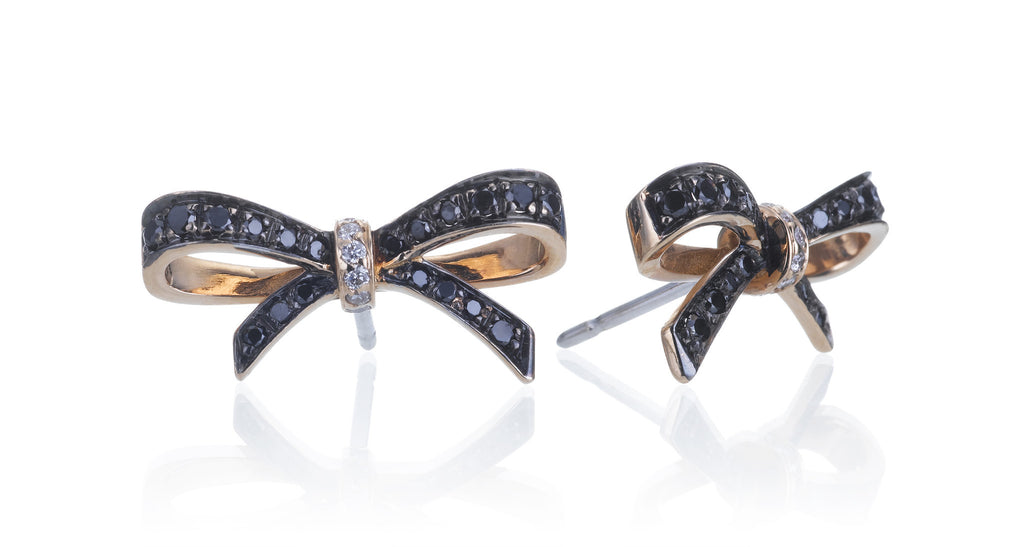 White & Black Diamond Rose Gold Ribbon Earrings