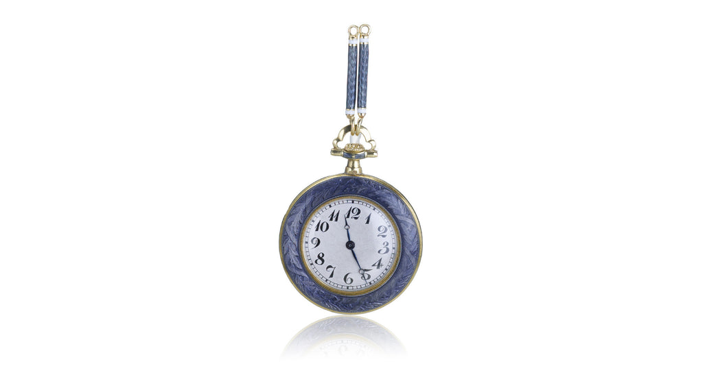 Blue Guilloche Enamel & Diamond Watch Pendant
