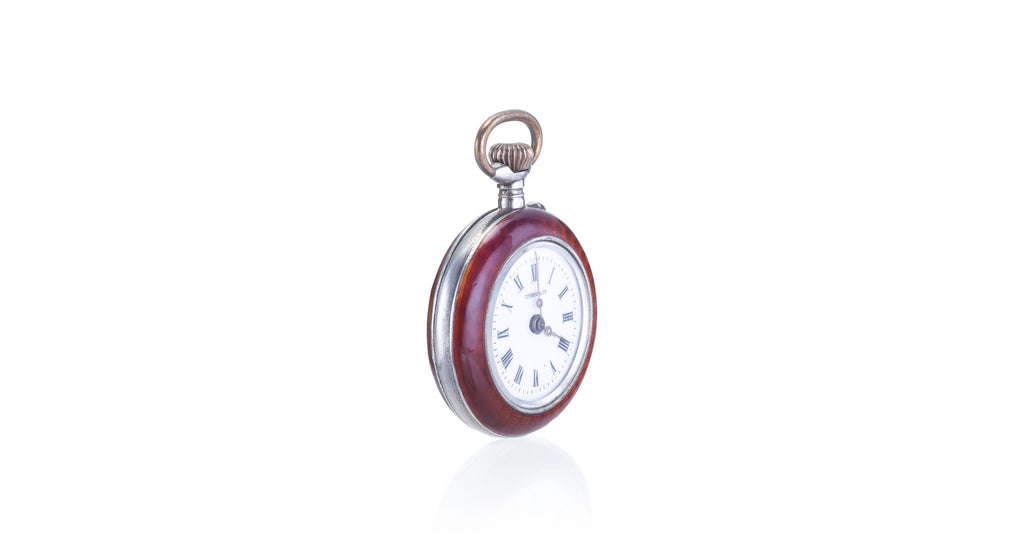 Silver & Red Guilloche Enamel Watch Pendant