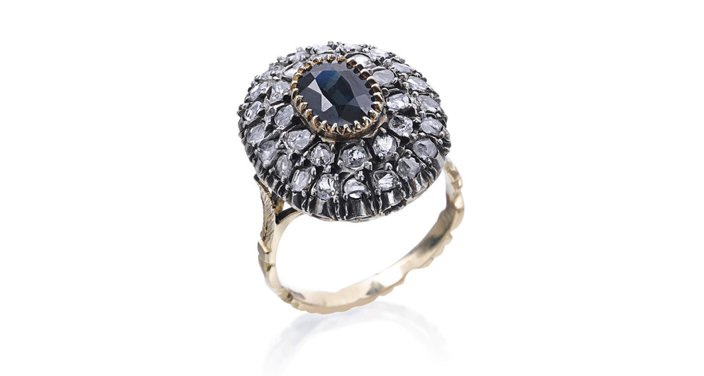 Blue Sapphire & Rosecut Diamond Ring