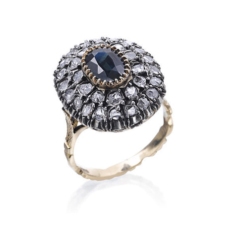 Blue Sapphire & Rosecut Diamond Ring
