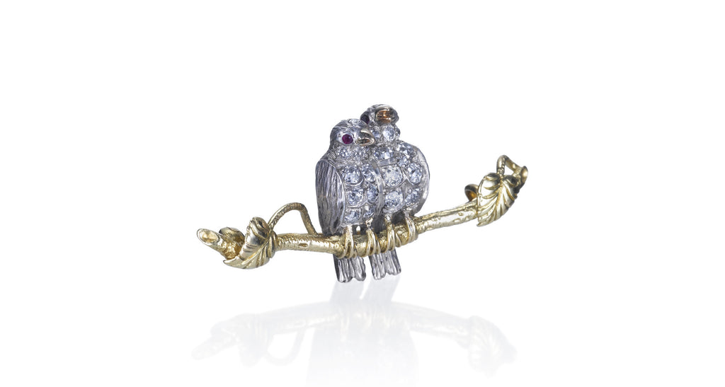 Old Mine Cut Diamond & Ruby 'Lovebird' Bird Pin