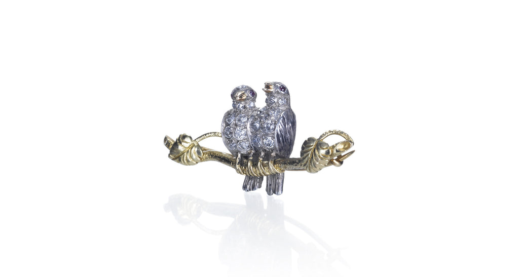 Old Mine Cut Diamond & Ruby 'Lovebird' Bird Pin