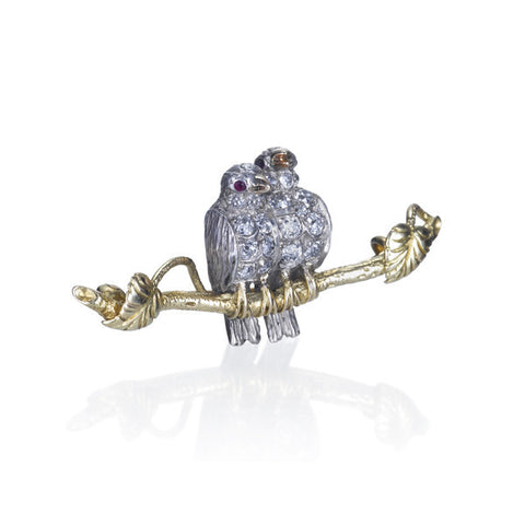 Old Mine Cut Diamond & Ruby 'Lovebird' Bird Pin