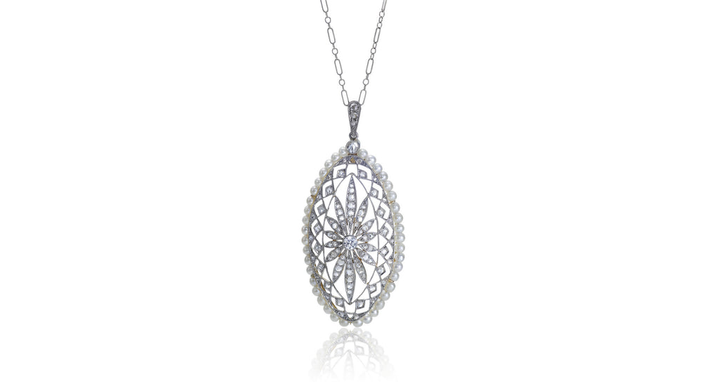 Edwardian Natural Pearl & Diamond Pendant Necklace