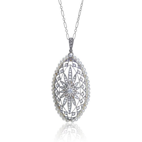 Edwardian Natural Pearl & Diamond Pendant Necklace