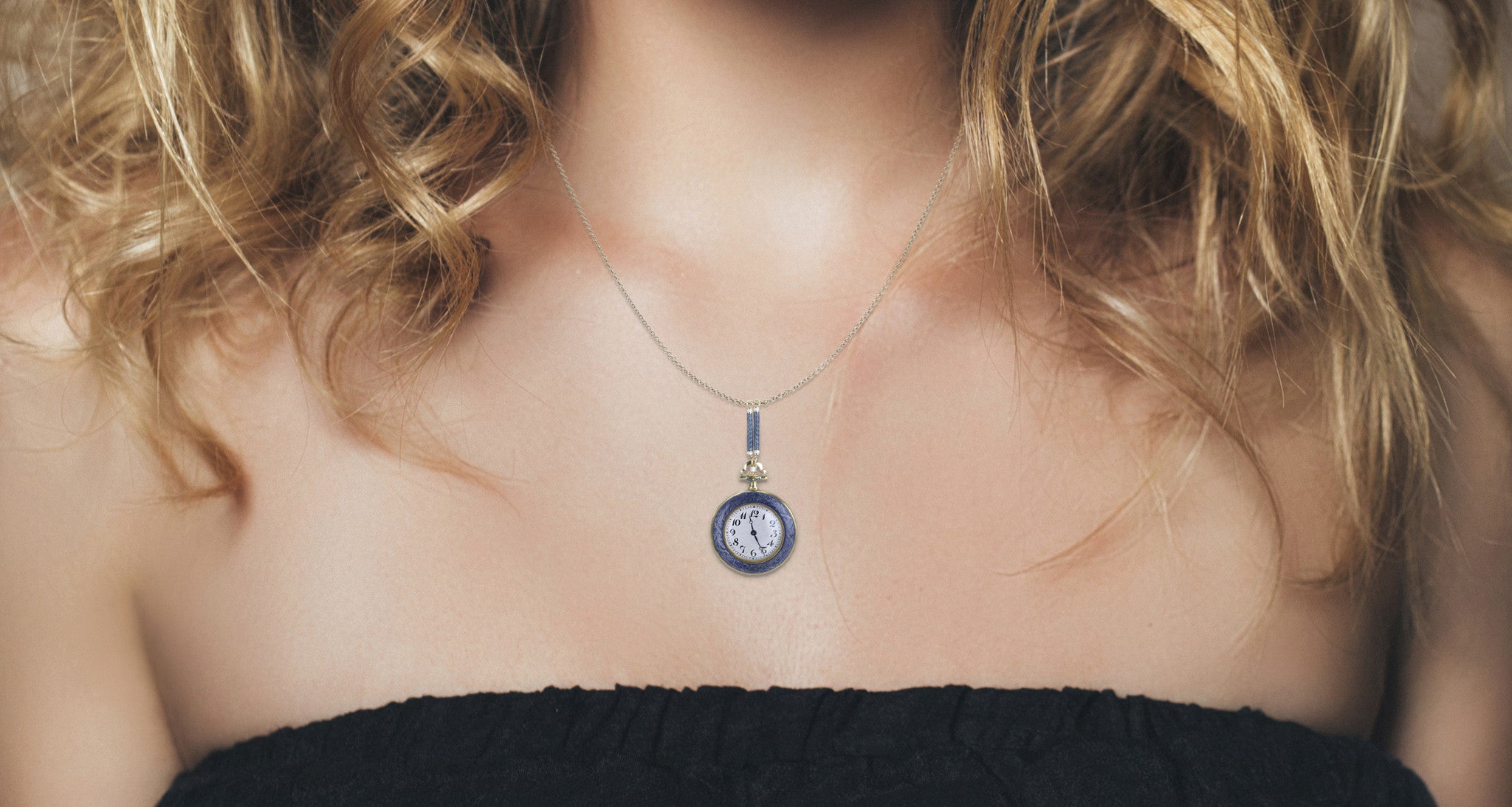 Blue Guilloche Enamel & Diamond Watch Pendant